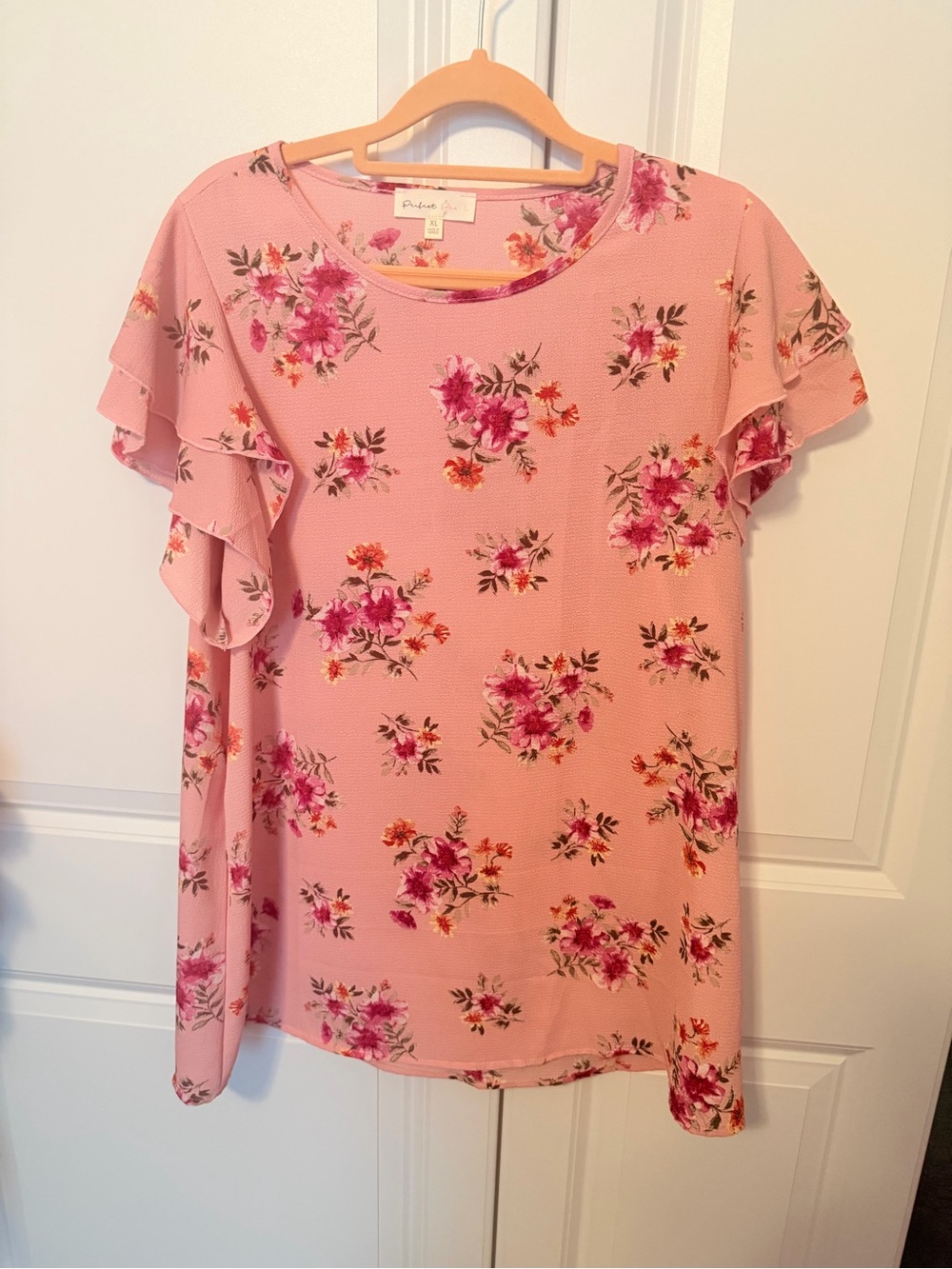 Pink Floral Ruffle Sleeve Blouse - Petite